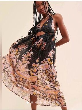 Anthropologie Maxi Beach coverup dress size M medium boho black and pink